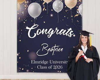 Custom Graduation Backdrop, Class of 2026 Photo Booth Poster, Black Gold Balloons Banner
