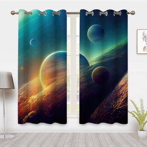 Outerspace Window Curtain, stars and planets Curtains,Window Drapes 2 Panels Pair Window Treatment Drapes Blackout Curtains,for Bedroom Dorm
