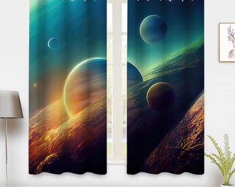 Outerspace Window Curtain, stars and planets Curtains,Window Drapes 2 Panels Pair Window Treatment Drapes Blackout Curtains,for Bedroom Dorm