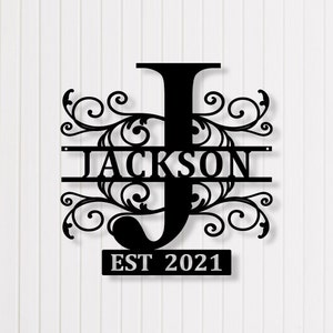 Signo de apellido de familia de Metal personalizado, signo de año establecido de nombre de pila personalizado, decoración de arte de pared con letra dividida inicial de monograma de Metal