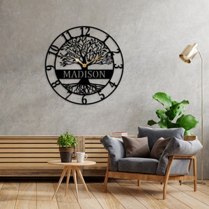 Personalized Name Tree of life Silent Metal Large Wall Clock, Custom Family Last Name metal sign Metal Wall Art, Housewarming Wedding Gift
