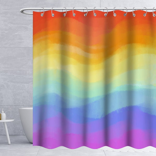 Colorful Rainbow Shower Curtain Pastel Waves Stripes Rainbow Retro Groovy Vintage Mid Century Boho Aesthetic Fabric Bathroom Decor with Hook