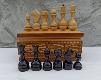 Vintage Chess Set, Chess Sets in Wood Casket, Ukraine Vintage Chess in Old Box