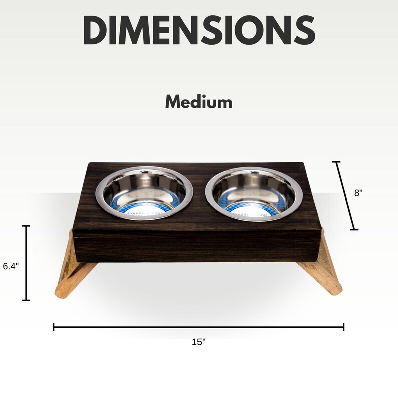 Puede incluir: Un soporte de cuenco doble para perros de madera marr&oacute;n oscuro con dos cuencos de acero inoxidable. El soporte tiene cuatro patas y mide 38 cm de largo, 16 cm de alto y 20 cm de ancho. El soporte est&aacute; etiquetado como "Mediano".