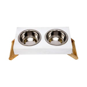 Country Living Elevated Mango Wood Dog Feeder with 2 Stainless Steel Bowls – Distressed White Polished Finish immagine 4
