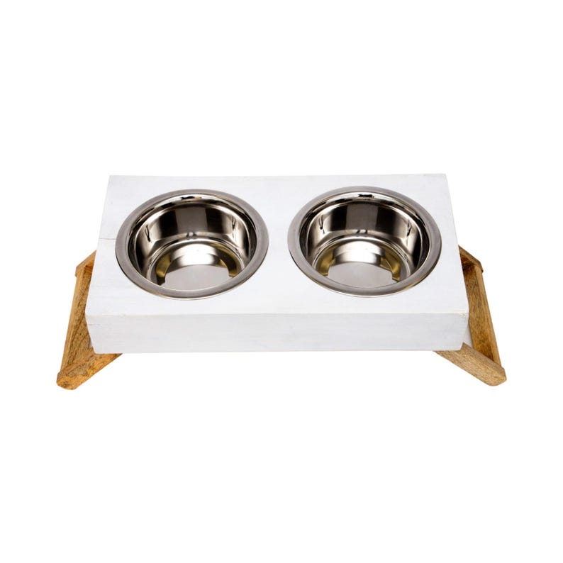 Country Living Elevated Mango Wood Dog Feeder with 2 Stainless Steel Bowls – Distressed White Polished Finish immagine 4