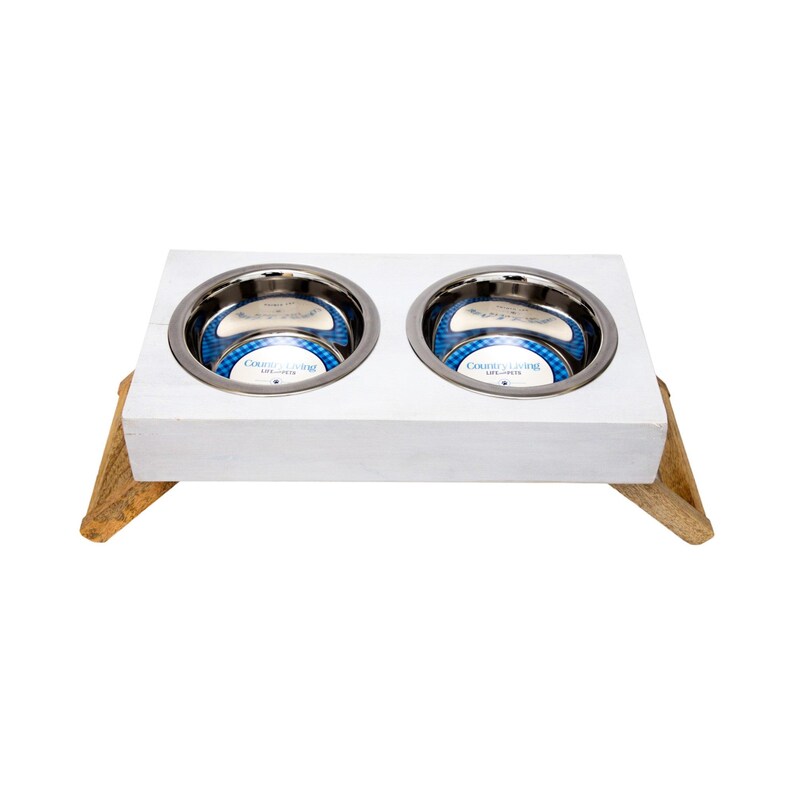 Country Living Elevated Mango Wood Dog Feeder with 2 Stainless Steel Bowls – Distressed White Polished Finish immagine 2