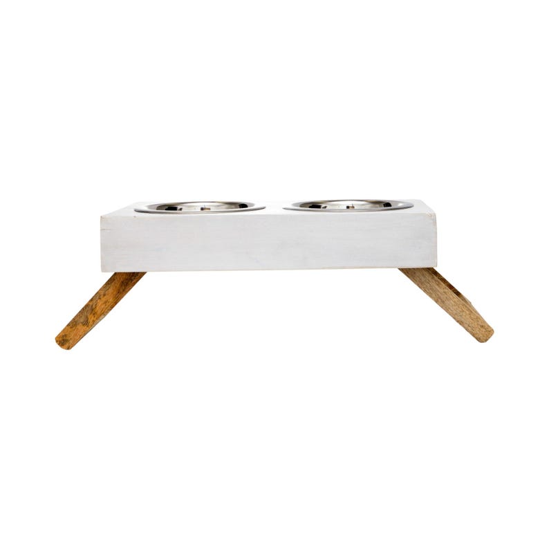 Country Living Elevated Mango Wood Dog Feeder with 2 Stainless Steel Bowls – Distressed White Polished Finish immagine 6
