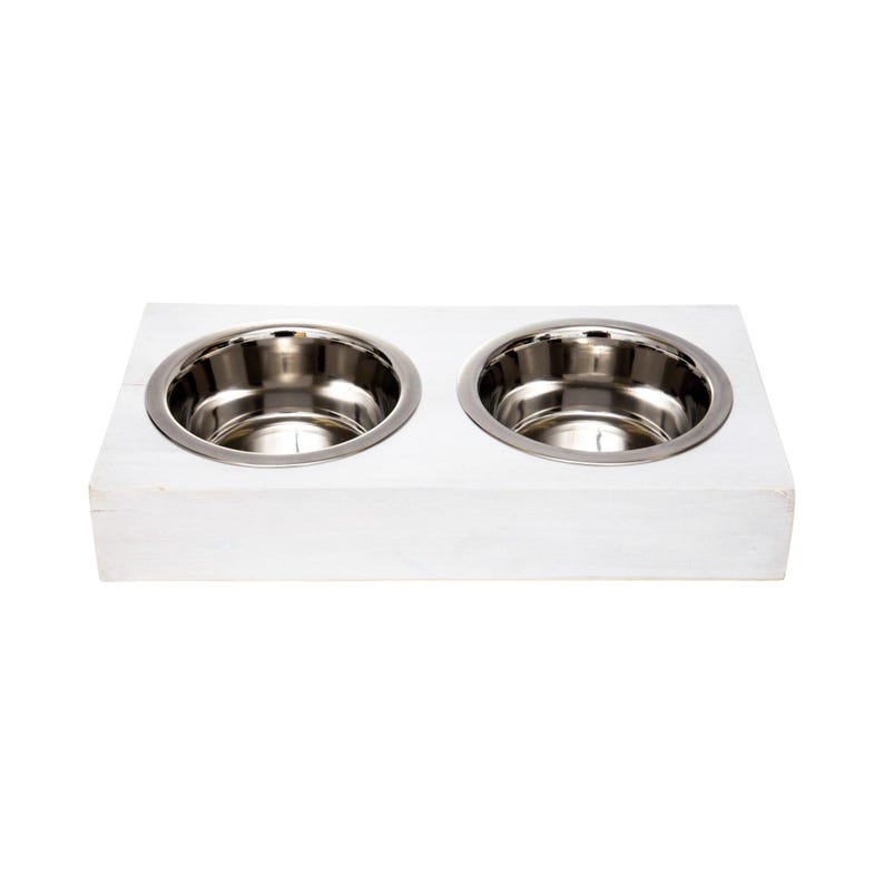 Country Living Elevated Mango Wood Dog Feeder with 2 Stainless Steel Bowls – Distressed White Polished Finish immagine 5