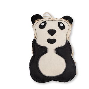 May include: A stuffed panda bear toy with a cream-colored body, black accents, and a small loop for hanging. The panda has black ears, eyes, and a nose, with a beige border around the face and ears. The toy is made of fabric.