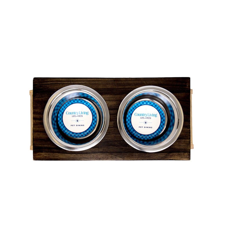 Comedero elevado para perros Country Living de madera de mango con dos cuencos de acero inoxidable, acabado marrón pulido imagen 2