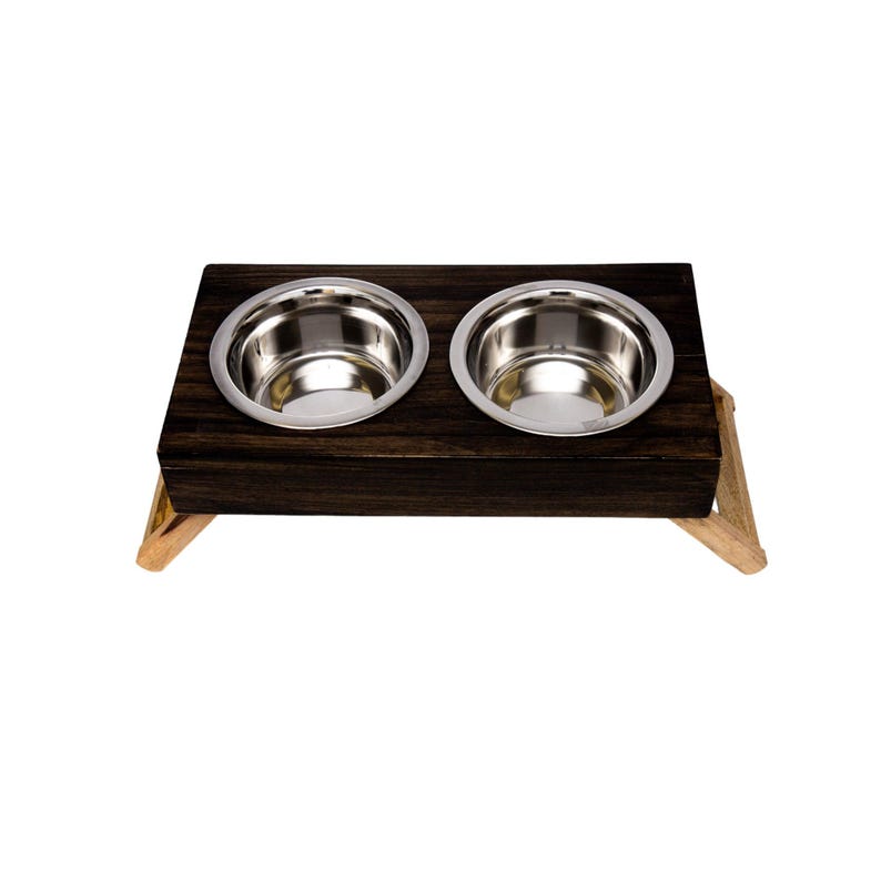 Comedero elevado para perros Country Living de madera de mango con dos cuencos de acero inoxidable, acabado marrón pulido imagen 3