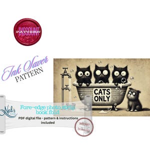 Peut inclure: Illustration humoristique avec trois chats noirs dans une baignoire avec le texte "CATS ONLY". Un quatrième chat est assis à l'extérieur de la baignoire. Le texte comprend "Ink Saver PATTERN" et "Fore-edge photo book fold."
