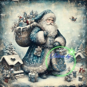 VINTAGE BLUE SANTA - Fore-edge Photo strip book fold Pattern Only - Ink Saver - Instant Download