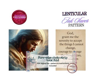 May include: Digital PDF file with a religious theme. The image includes a portrait of Jesus, a prayer, and text that reads "Fore-edge photo strip book fold." A red seal says "Discount Pattern."