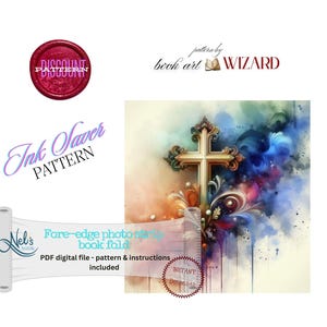 May include: A digital pattern for a book fold featuring a cross with watercolour-style splashes of blue, purple, and orange. Text includes "Discount Pattern", "book art WIZARD", "Ink Saver PATTERN", "Nel's Nook", "Fore-edge photo strip book fold", and "INSTANT DOWNLOAD".