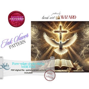 Puede incluir: Patrón de arte de libro digital con una paloma con las alas extendidas, una cruz y un libro abierto. La imagen incluye el texto "Discount Pattern", "Ink Saver Pattern" y "Fore-edge photo clips book fold".