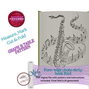May include: A digital PDF pattern for a fore-edge photo strip book fold. The design features a saxophone with musical notes. The text includes "Measure, Mark, Cut & Fold" and "GRAPH & TABLE PATTERN". A red circular seal reads "Discount Pattern".