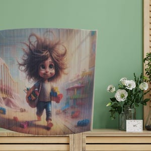 Könnte beinhalten: Eine farbenfrohe Illustration eines jungen Mädchens mit braunen Haaren und einem blauen Kleid, das mit einem Korb voller bunter Spielsachen geht. Der Hintergrund ist ein farbenfrohes Zimmer mit Spielsachen, die auf dem Boden verstreut sind.