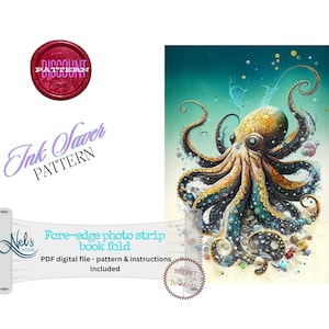 Puede incluir: Un patrón de descarga digital para un pliegue de libro de ahorro de tinta con un pulpo colorido con un esquema de colores azul, verde y amarillo. El pulpo está rodeado de pequeños objetos redondos de colores.