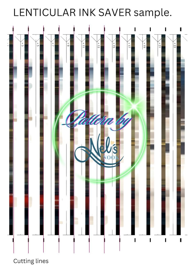 May include: A lenticular ink saver sample with vertical stripes in various colours and patterns. The image includes the text "LENTICULAR INK SAVER sample." and "Cutting lines." A logo with the text "Pattern by Nel's Nook" is in the centre.