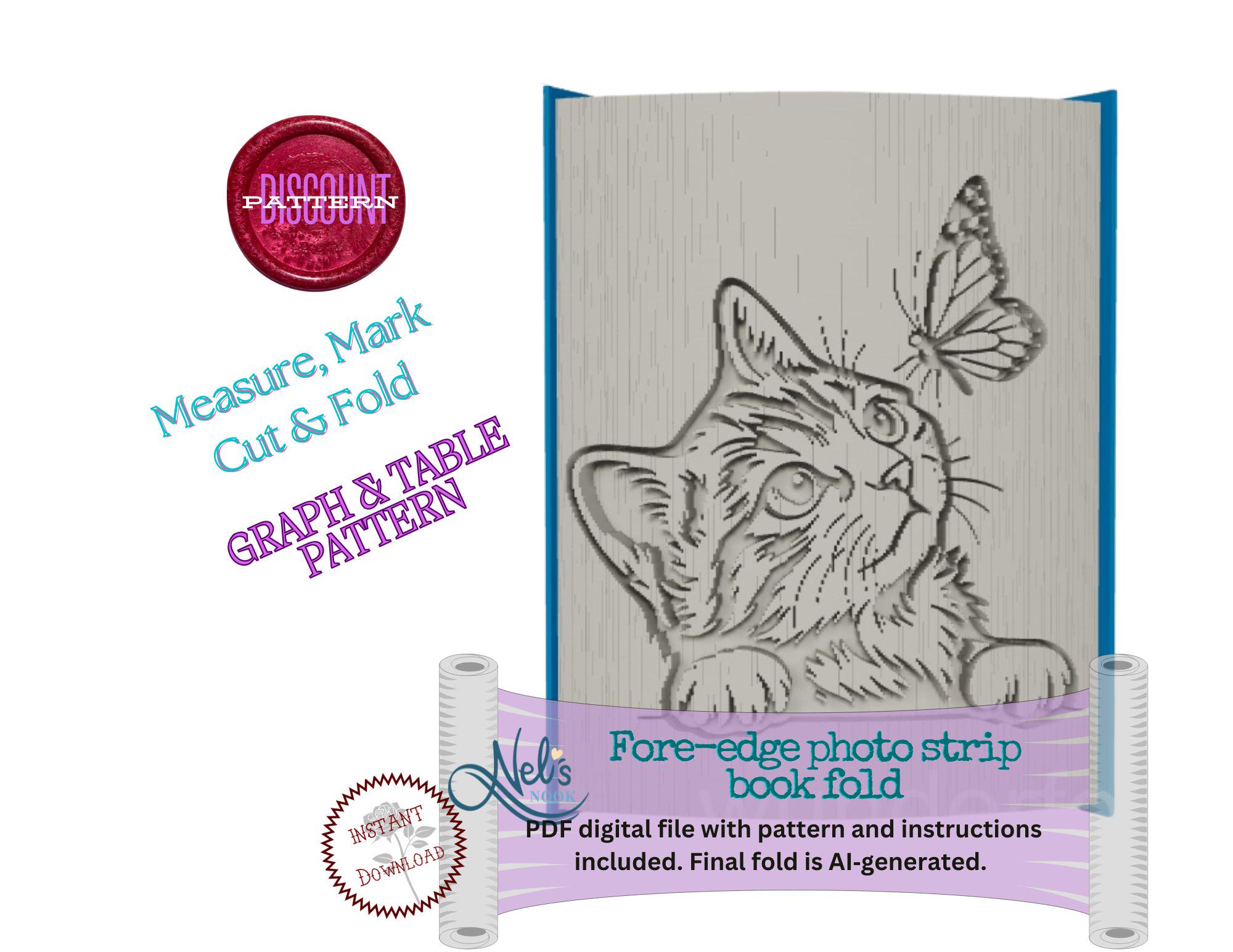CAT with BUTTERFLY - Table and Graph Style Pattern - Folded Book Art Pattern - Measure, Mark, Cut and Fold - Instant Download