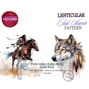 May include: Digital PDF pattern for a fore-edge photo strip book fold. The design features a Native American on horseback and a wolf with decorative feathers. Text includes "Lenticular Ink Saver Pattern" and "Discount Pattern".