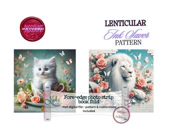 May include: Digital PDF pattern for a fore-edge photo strip book fold. The design features a white lion surrounded by pink roses and butterflies, and a kitten in a teacup. The text reads "Lenticular Ink Saver Pattern".