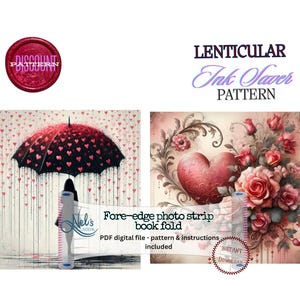 Peut inclure: Patron numérique pour un pliage de livre en bande photo sur le bord avant. L'image présente un parapluie rouge en forme de cœur, un bouquet de roses et le texte "Lenticular Ink Saver Pattern". Comprend le patron PDF et les instructions.