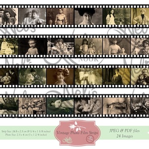 May include: A digital download of 24 vintage style photo film strips. Each strip is 9 3/4 inches long and 1 3/8 inches wide. The photos are 1 inch wide and 1 1/4 inches tall. The photos are in black and white and sepia tones. The photos feature people from the early 1900s.