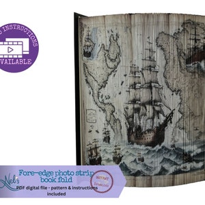 ANCIENNE CARTE avec navires - Motif de pliage de livre avec bande photo sur le bord avant uniquement - Téléchargement immédiat