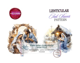 May include: A digital PDF pattern for a fore-edge photo strip book fold. The image features watercolour illustrations of a nativity scene, including Mary, Joseph, and baby Jesus, with the text "Lenticular Ink Saver Pattern".