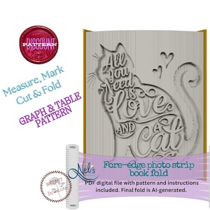 Puede incluir: Un diseño de plegado de libro gris claro con una silueta de gato y las palabras "All you need is love and a cat". La imagen incluye el texto "Measure, Mark, Cut & Fold" y "Fore-edge photo strip book fold".