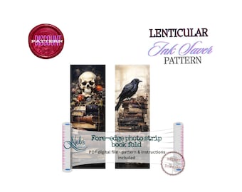 May include: A digital pattern for a fore-edge photo strip book fold. The design features a skull and a raven perched on books. The text includes "Lenticular Ink Saver Pattern" and "Discount Pattern". Includes PDF pattern and instructions.