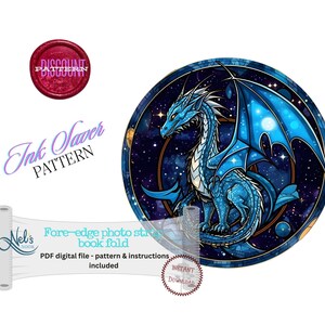 May include: A blue dragon with wings spread wide, set against a dark blue background with stars and planets. The dragon is in a stained glass style, with intricate details and a circular frame.