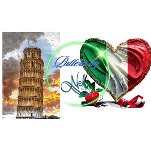 May include: An image featuring the Leaning Tower of Pisa and a heart-shaped decoration in the colours of the Italian flag. The heart is divided into red, white, and green sections, with a red rose and ribbon.