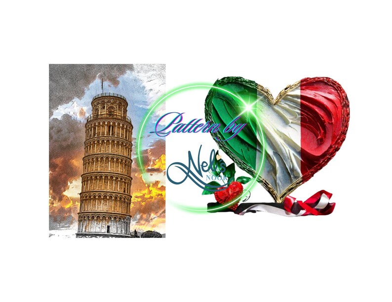 May include: An image featuring the Leaning Tower of Pisa and a heart-shaped decoration in the colours of the Italian flag. The heart is divided into red, white, and green sections, with a red rose and ribbon.