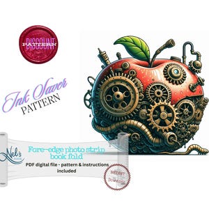 May include: A red apple with a green leaf on top, transformed into a steampunk machine with gears, pipes, and wires. The apple is surrounded by a brown background.