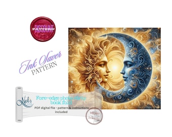 Può includere: Stampa d'arte digitale raffigurante il sole e la luna, con volti dettagliati e sfondi dorati e blu a spirale. L'immagine include il testo "Discount Pattern", "Ink Saver Pattern", e "Fore-edge photo strip book fold".