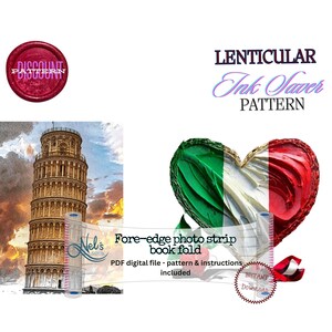 Puede incluir: Imagen de patrón digital con texto "Lenticular Ink Saver Pattern". Incluye un dibujo de la Torre Inclinada de Pisa, un corazón con los colores de la bandera italiana y un sello "Discount Pattern". También incluye el texto "Fore-edge photo strip book fold".
