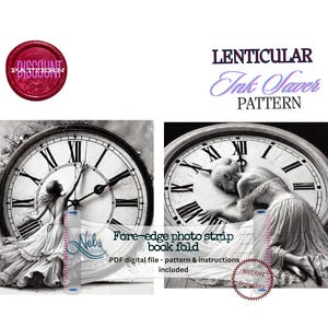 Op de afbeelding: Een zwart-wit digitale kunstprint met een vrouw in een jurk die interactie heeft met een grote klok. De tekst "LENTICULAR Ink Saver PATTERN" wordt boven de afbeelding weergegeven. De woorden "Fore-edge photo strip book fold" zijn ook zichtbaar.