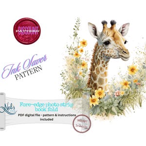 May include: A digital download pattern for a book fold photo strip featuring a watercolor illustration of a giraffe surrounded by yellow flowers and green foliage. The pattern is called "Ink Saver" and is available for instant download.