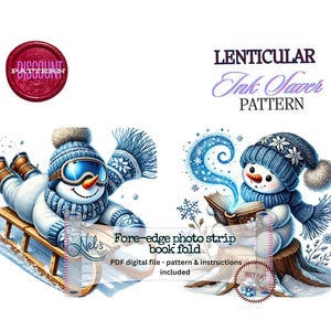 May include: Digital pattern for a lenticular ink saver book fold. The image features two snowmen, one sledding and the other reading a book. The text includes "LENTICULAR Ink Saver PATTERN" and "Fore-edge photo strip book fold".