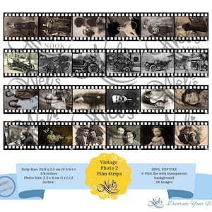 May include: Vintage photo film strips with 24 images of people and cars. The strips are 9 3/4 inches long and 1 3/8 inches wide. Each photo is 1 inch wide and 1 1/2 inches tall.