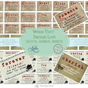 Słowa opisujące miłość/Do druku, Tagi cyfrowe, Ephemera, Dziennik, Scrapbooking, Natychmiastowe pobieranie, Tagi słownika miłości, Tagi słów pozytywnych
