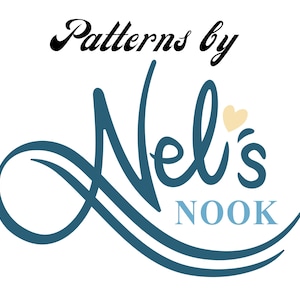 May include: Logo for "Patterns by Nel's Nook" on a white background. The text "Patterns by" is in black script above a teal-coloured stylized "Nel's" with a small yellow heart. The word "NOOK" is in teal block letters.