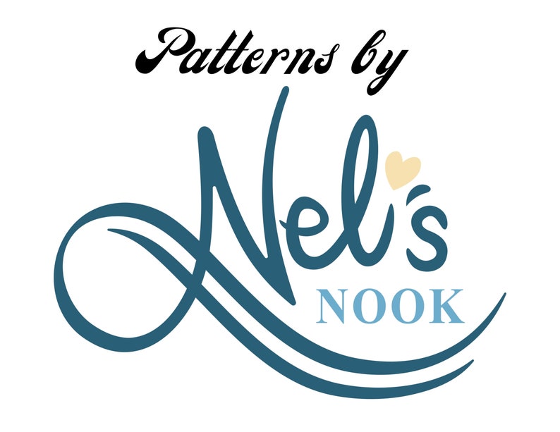 May include: Logo for "Patterns by Nel's Nook" on a white background. The text "Patterns by" is in black script above a teal-coloured stylized "Nel's" with a small yellow heart. The word "NOOK" is in teal block letters.