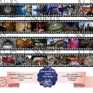 May include: A set of 24 digital images of film strips featuring scenes from the Harry Potter movies. The images are in JPEG, PDF, and PNG format with transparent backgrounds. Each strip is 24.8 cm long and 2.5 cm wide, with each photo measuring 2.5 cm by 4 cm.