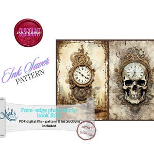 May include: Two vintage-style book covers with a steampunk theme. The left cover features a clock face with gears and a skull with a clock face on the right cover.