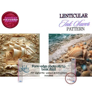 Puede incluir: Patrón digital para un pliegue de libro con tira fotográfica de borde delantero. La imagen incluye una ilustración detallada de un velero, una escena de playa con conchas marinas y el texto "Lenticular Ink Saver Pattern". También hay un sello de descuento.